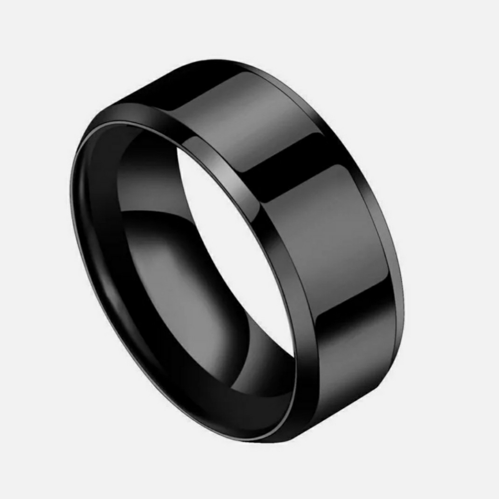 Black Stainless Steel Beveled Edge 8mm Band Glossy Lightweight Comfy Ring